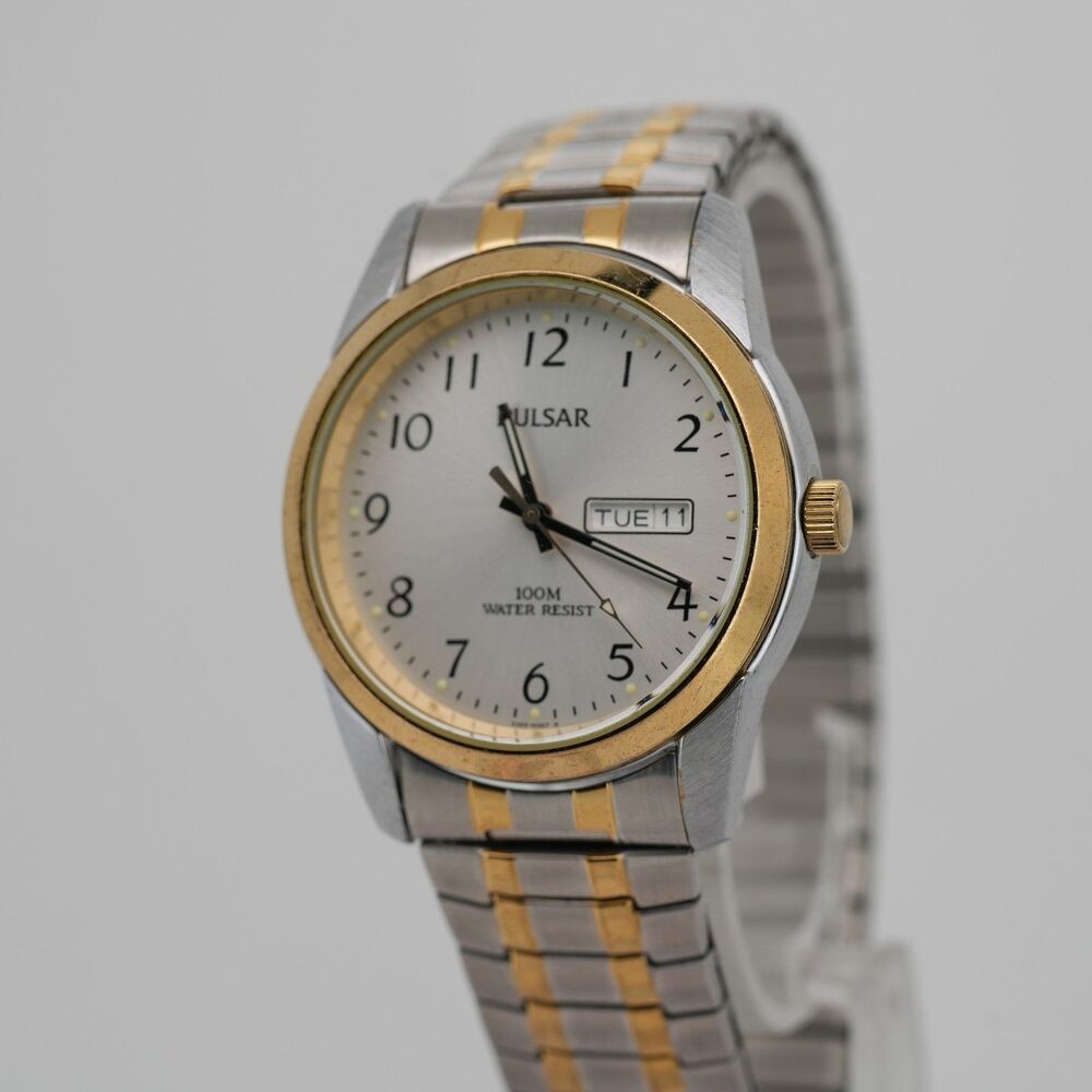 Pulsar VJ33-X006 Two-Tone Men's Watch 37mm Day/Date Running New Battery